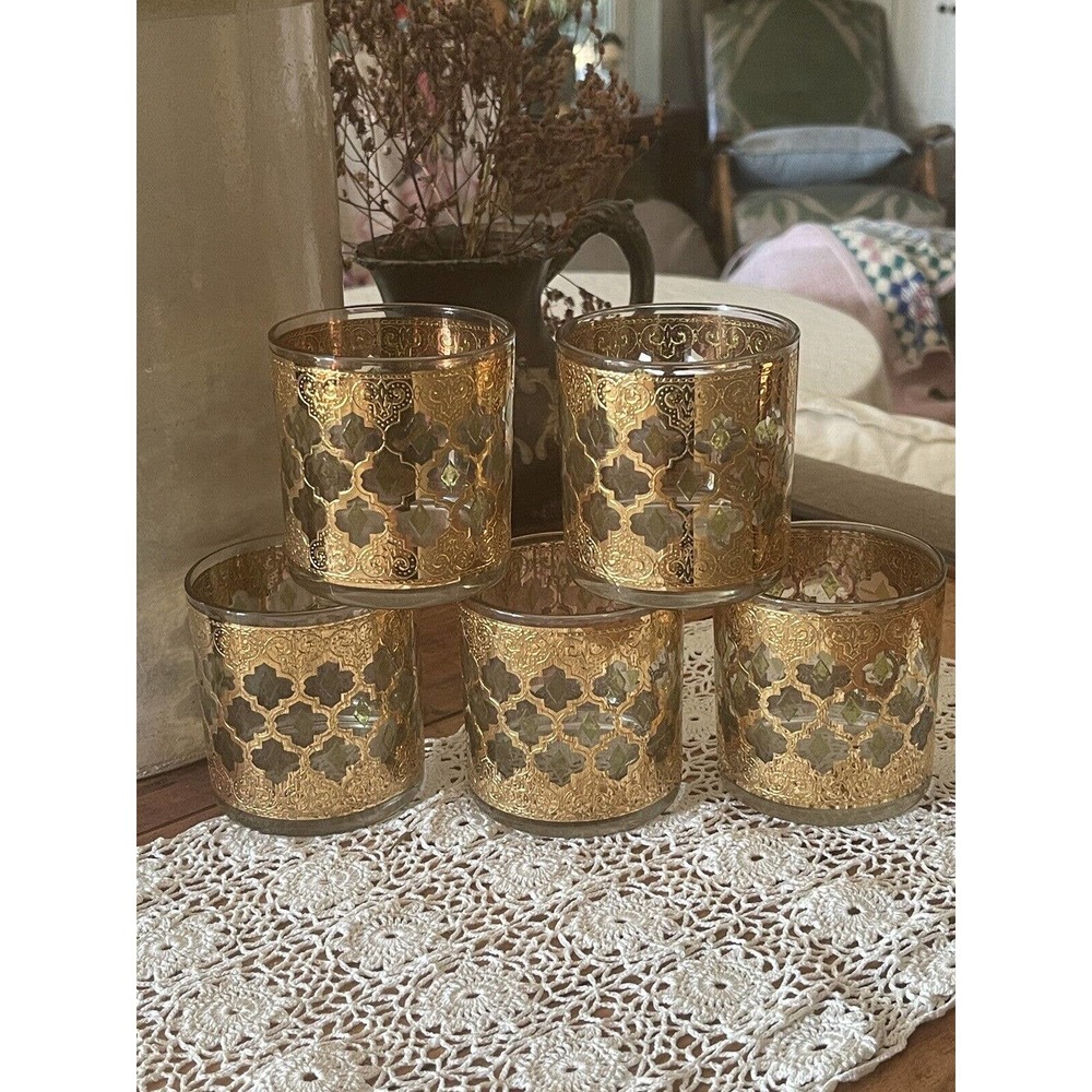 5 Culver Valencia Lowball Glasses MCM Gold Gilded Barware Rocks Clean!